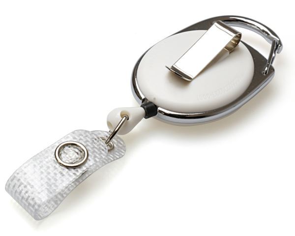 White Carabiner ID Badge Reels with Recess  Belt & Strap Clips (Pack of 50)
